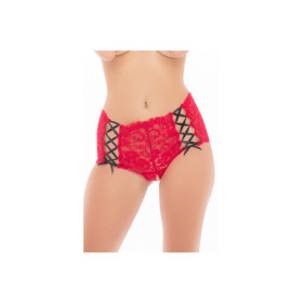 Shorty rouge en dentelle et rubans entrecroisés noir sur les côtés 